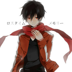 Rule 34 | 1boy, adjusting scarf, arm at side, black hair, black shirt, casual, closed mouth, commentary request, floating scarf, hair between eyes, jacket, kagerou project, kisaragi shintarou, light smile, long bangs, looking at viewer, loss time memory (vocaloid), male focus, open clothes, open jacket, partial commentary, red eyes, red jacket, red scarf, scarf, shirt, short hair, simple background, single stripe, single vertical stripe, solo, song name, striped clothes, striped jacket, t-shirt, track jacket, translated, upper body, white background, white stripes, yaya 251