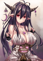 Rule 34 | 10s, 1girl, antenna hair, bare shoulders, black gloves, black hair, breast rest, breasts, cleavage, closed mouth, collarbone, crescent, danua, draph, dress, fingerless gloves, gloves, granblue fantasy, hair between eyes, hansel (granblue fantasy), highres, horn ornament, horns, jewelry, large breasts, long hair, looking at viewer, pendant, pointy ears, red eyes, sidelocks, tama satou, tears, very long hair, white dress