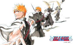 Rule 34 | 1boy, bleach, blonde hair, copyright name, highres, japanese clothes, jumping, kubo tite, kurosaki ichigo, looking back, male focus, multiple persona, orange hair, outstretched hand, shinigami, short hair, solo, sword, weapon, yellow eyes