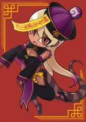 Rule 34 | 1girl, alternate costume, baggy pants, blonde hair, blush, breasts, center opening, chibi, chinese clothes, cleavage, crop top, crop top overhang, dark-skinned female, dark skin, detached sleeves, fang, fingernails, full body, hair between eyes, hat, highres, hip vent, hoshino mitsuki, japari symbol, jiangshi, jiangshi costume, kemono friends, king cobra (kemono friends), long hair, long sleeves, looking at viewer, medium breasts, midriff, multicolored eyes, multicolored hair, multicolored nails, nail polish, nose blush, ofuda, ofuda on head, open mouth, outstretched arms, pants, pink hair, red eyes, sharp fingernails, shoes, skin fang, sleeves past wrists, snake tail, solo, stomach, tail, talisman, twintails, two-tone hair, very long hair, yellow eyes, zombie pose