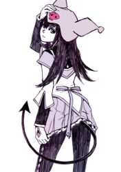 Rule 34 | 1girl, akemi homura, cosplay, demon tail, from behind, hat, kuromi, kuromi (cosplay), long hair, looking at viewer, looking back, magical girl, mahou shoujo madoka magica, mahou shoujo madoka magica (anime), monochrome, onegai my melody, pantyhose, purple theme, ribbon, sanrio, silverxp, simple background, skirt, solo, soul gem, tail, white background