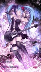 Rule 34 | 1219 yusuke, 1girl, bad id, bad pixiv id, blue hair, boots, character name, copyright name, corset, cross-laced footwear, dress, elbow gloves, electric guitar, flower, gloves, guitar, hair flower, hair ornament, hatsune miku, highres, instrument, knee boots, lace-up boots, long hair, purple eyes, single elbow glove, solo, thighhighs, twintails, very long hair, vocaloid, yusuke (shiota)