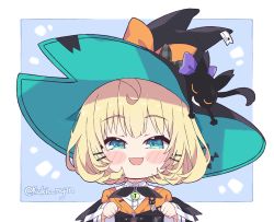 Rule 34 | 1girl, aqua eyes, blonde hair, cardigan, commentary, english commentary, hair ornament, hairclip, hat, kukie-nyan, looking at viewer, lucie (millie parfait), millie parfait, nijisanji, nijisanji en, orange cardigan, short hair, solo, twitter username, virtual youtuber, witch hat
