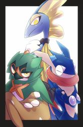 Rule 34 | black border, border, bright pupils, closed mouth, commentary request, creatures (company), crossed arms, decidueye, closed eyes, game freak, gen 6 pokemon, gen 7 pokemon, gen 8 pokemon, greninja, highres, inteleon, nintendo, pkpokopoko3, pokemon, red pupils, smile, tongue, white background, white pupils, yellow eyes