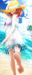 Rule 34 | 1girl, absurdres, barefoot, beach, bikini, brown eyes, brown hair, camisole, cloud, coconut tree, day, dress, feet, hand on headwear, hat, hataraku maou-sama!, highres, hosoda naoto, long legs, looking back, non-web source, ocean, official art, outdoors, palm tree, parted lips, pink bikini, sand, sasaki chiho, screencap, see-through, short hair, sky, smile, soles, solo, stitched, straw hat, sun hat, sundress, sunlight, swimsuit, third-party edit, toes, tree, water, wet
