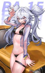 1girl absurdres alternate_costume arm_up bikini black_bikini black_choker blue_eyes breasts car character_name choker commentary cowboy_shot english_commentary fang girls&#039;_frontline hair_between_eyes heart heart-shaped_pupils highres long_hair looking_at_viewer medium_breasts motor_vehicle open_clothes open_mouth open_shirt pa-15_(girls&#039;_frontline) see-through_clothes see-through_shirt shirt simple_background skin_fang skindentation smile solo swimsuit symbol-shaped_pupils tofu_(killer150) v white_background white_hair white_shirt