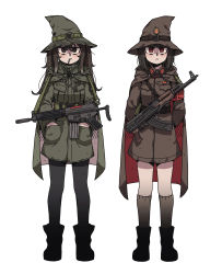 Rule 34 | 2girls, armband, arms behind back, assault rifle, belt, black footwear, black socks, blunt bangs, bolt action, boots, breast pocket, brown belt, brown cape, brown headwear, brown jacket, brown legwear, buttons, cape, character request, cigarette, closed mouth, commentary request, contemporary, copyright request, daewoo k1, full body, gloves, green belt, green cape, green headwear, green jacket, gun, hands in pockets, hat, hat belt, highres, jacket, karepack, kneehighs, korean commentary, korean text, long hair, long sleeves, looking at viewer, messy hair, military, military jacket, military uniform, mouth hold, multicolored cape, multicolored clothes, multiple girls, pantyhose, pentagram, pocket, red armband, red cape, red eyes, rifle, ringed eyes, short hair, sidelocks, simple background, socks, soldier, standing, uniform, weapon, white background, witch, witch hat