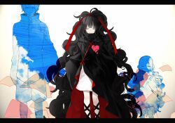 Rule 34 | 1boy, 2girls, absurdly long hair, age difference, aged down, arm at side, azami (kagerou project), black coat, black hair, blue dress, blue hair, blue jacket, blunt bangs, closed eyes, closed mouth, cloud, coat, collared jacket, commentary request, double exposure, dress, facing viewer, feet out of frame, floating, floating object, gradient background, grey background, grey dress, grey jacket, hair ribbon, heart, height difference, highres, holding hands, husband and wife, jacket, japanese clothes, kagerou project, kozakura shion, letterboxed, long hair, long sleeves, mother and daughter, multicolored clothes, multicolored coat, multicolored dress, multicolored hair, multicolored jacket, multiple girls, neck ribbon, pale skin, pineapple (a30930s), popped collar, red coat, red ribbon, ribbon, scales, short hair, shorts, sky, smile, transparent, tsukihiko (kagerou project), two-tone coat, very long hair, wavy hair, white background, white dress, white hair, white jacket, wide sleeves