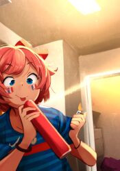 Rule 34 | 1girl, aerosol, blue eyes, bow, commentary, doki doki literature club, english commentary, facepaint, fire, france, hair bow, highres, holding, holding lighter, indoors, khyle., lighter, meme, parody, pink hair, red bow, sayori (doki doki literature club), short hair, soccer uniform, solo, sportswear, spray can, tongue, tongue out, upper body