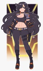 Rule 34 | 1girl, abs, absurdres, black choker, black footwear, black gloves, black hair, black pants, black shirt, breasts, choker, cleavage, commission, cowlick, crop top, gauntlets, gloves, grey eyes, grey jacket, hair over one eye, high collar, highres, holster, jacket, large breasts, lokigun, messy hair, midriff, muscular, muscular female, original, pants, sera (judgemint), shirt, signature, solo focus, strap, thigh holster, unzipped, white background