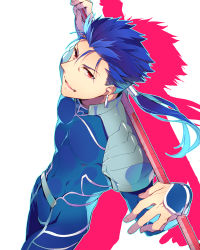 Rule 34 | 1boy, blue hair, cu chulainn (fate), earrings, fate/stay night, fate (series), gae bolg (fate), jewelry, kuroemon, cu chulainn (fate/stay night), long hair, male focus, polearm, ponytail, red eyes, solo, spear, weapon