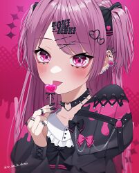 Rule 34 | 1girl, barbell piercing, blush, candy, choker, cross-laced clothes, cross-laced sleeves, ear piercing, earrings, fingernails, food, hair ornament, hair ribbon, hairclip, heart, heart-shaped lollipop, heart earrings, heart hair ornament, heart o-ring, highres, holding, holding candy, holding food, holding lollipop, industrial piercing, jewelry, lollipop, long fingernails, long hair, long sleeves, looking at viewer, multiple piercings, multiple rings, nail polish, o-ring, o-ring choker, original, piercing, pink background, pink eyes, pink hair, ribbon, ring, shaped lollipop, sleeves past wrists, smile, solo, spiked choker, spikes, two side up, upper body, wanko (yurika0320)