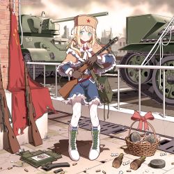 Rule 34 | 1girl, blonde hair, blue eyes, bolt action, boots, braid, capelet, cherry hair ornament, circle a, cross-laced footwear, drum magazine, explosive, flag, food-themed hair ornament, fragmentation sleeve, full body, fur hat, girls&#039; frontline, gloves, grenade, gun, hair ornament, hand grenade, hat, high contrast, lace-up boots, looking at viewer, magazine (weapon), military, military vehicle, model 43 stielhandgranate, mosin-nagant, motor vehicle, pantyhose, ppsh-41, ppsh-41 (girls&#039; frontline), red star, rifle, ruins, skirt, smile, soviet flag, star (symbol), stick grenade, submachine gun, tank, ushanka, weapon