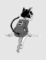 Rule 34 | 1girl, animal ears, ass, barefoot, cat ears, cat tail, choker, earrings, feet, female focus, from behind, greyscale, jewelry, monochrome, mutouki, original, shorts, sitting, soles, solo, tail, toes