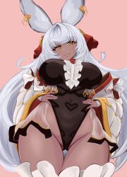 Rule 34 | 1girl, absurdres, animal ears, breasts, cowboy shot, dark-skinned female, dark skin, earrings, frills, granblue fantasy, highres, jewelry, large breasts, leotard, long hair, makura (granblue fantasy), rabbit ears, rabbit girl, solo, thighhighs, very long hair, white hair, yellow eyes, yukibi shirube