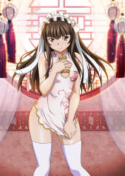 Rule 34 | 00s, 1girl, breasts, brown hair, cleavage cutout, clothing cutout, dress, female focus, ikkitousen, indoors, long hair, looking at viewer, shiny skin, small breasts, smile, solo, sparkle, standing, ten&#039;i (ikkitousen), thighhighs, very long hair, white thighhighs