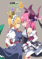 Rule 34 | 2girls, absurdres, asymmetrical docking, bare shoulders, black hairband, blonde hair, blue dress, blue eyes, breast press, breasts, brown hair, commentary request, copyright name, crossover, detached sleeves, dragon girl, dragon horns, dragon tail, dress, elbow gloves, elizabeth bathory (fate), elizabeth bathory (fate/extra ccc), elizabeth bathory (second ascension) (fate), eye contact, eyebrows hidden by hair, face-to-face, fate/extra, fate/extra ccc, fate (series), frilled hairband, frills, gloves, gradient hair, grey background, hair between eyes, hairband, hands on own hips, highres, horns, kobayashi-san chi no maidragon, long hair, long sleeves, looking at another, medium breasts, multicolored hair, multiple girls, pink hair, plaid, plaid skirt, pointy ears, profile, puffy short sleeves, puffy sleeves, purple ribbon, ribbon, shaded face, shirt, short sleeves, simple background, skirt, sleeveless, sleeveless dress, sleeveless shirt, sleeves past wrists, small breasts, sweatdrop, tail, tohru (maidragon), twintails, two side up, very long hair, white gloves, white shirt, white sleeves, yuuzii
