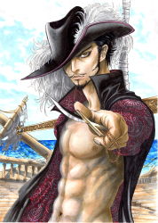 Rule 34 | 1boy, abs, absurdres, baratie, black hair, close-up, dracule mihawk, east blue, facial hair, foreshortening, goatee, hat, high collar, highres, jacket, jewelry, knife, lining, long sleeves, looking at viewer, male focus, manly, muscular, navel, navel hair, nipples, one piece, open clothes, open jacket, open shirt, pendant, plume, ringed eyes, shipwreck, shirt, short hair, solo, sword, takumi (marlboro), water, weapon, yellow eyes, yoru (sword)