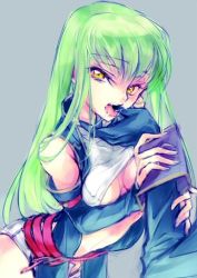 Rule 34 | 1girl, breasts, c.c., code geass, elbow gloves, finger in another&#039;s mouth, gloves, green hair, licking, long hair, looking at viewer, open clothes, open mouth, saliva, short shorts, shorts, small breasts, tongue, yama yuu, yellow eyes