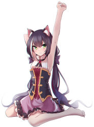 Rule 34 | 1girl, animal ear fluff, animal ears, arm up, armpits, barefoot, black hair, cat ears, cat girl, chromatic aberration, full body, green eyes, hair ribbon, highres, karyl (princess connect!), kneeling, long hair, looking to the side, low twintails, pink skirt, princess connect!, purple ribbon, ribbon, simple background, sitting, skirt, sleeveless, solo, sweat, tetuw, twintails, white background