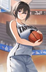 Rule 34 | 1girl, ball, bare shoulders, basketball, basketball (object), basketball uniform, black hair, breasts, center-chan (tapioka (oekakitapioka)), commentary request, highres, holding, holding ball, large breasts, looking at viewer, open mouth, original, purple eyes, short hair, shorts, sleeveless, solo, sportswear, tapioka (oekakitapioka)