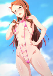 Rule 34 | 00s, 1girl, angry, bare shoulders, blue sky, blush, breasts, brown eyes, brown hair, cameltoe, cleft of venus, covered erect nipples, day, flower, forehead, from below, hair flower, hair ornament, hairband, hand in own hair, hand on own hip, highres, idolmaster, idolmaster (classic), jewelry, long hair, looking at viewer, minase iori, navel, necklace, one-piece swimsuit, open mouth, pink one-piece swimsuit, pussy juice, sky, slingshot swimsuit, small breasts, solo, standing, sweatdrop, swept bangs, swimsuit, tengu (tetuo kun), thighs, wet