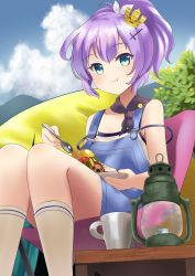 Rule 34 | 1girl, :t, absurdres, alternate costume, anchor symbol, azur lane, bad id, bad pixiv id, blue eyes, blue sky, camping, casual, chair, cloud, cloudy sky, collarbone, commentary request, contemporary, crown, cup, curry, curry rice, eating, folding chair, food, hair ornament, hair ribbon, hairpin, highres, holding, holding spoon, javelin (azur lane), kneehighs, lantern, looking at viewer, manjirou (manji illust), mini crown, mountain, plate, ponytail, purple hair, ribbon, rice, short hair, sitting, sky, socks, solo, spoon, strap slip, suspenders, teacup, tent, white socks