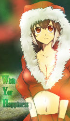 Rule 34 | 1girl, alternate costume, arc system works, blazblue, blazblue: continuum shift, breasts, brown eyes, brown hair, christmas, cleavage, english text, engrish text, gloves, hood, jacket, large breasts, makoto nanaya, midriff, multicolored hair, navel, no bra, ranguage, red gloves, santa costume, short hair, skirt, solo, two-tone hair, zone rr