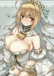Rule 34 | 1girl, ahoge, arinotowatari, blonde hair, breasts, bridal veil, chain, chain necklace, cleavage, corset, cowboy shot, detached collar, detached sleeves, fate/grand order, fate (series), from above, garter straps, green eyes, hair intakes, jewelry, large breasts, leotard, lock, necklace, nero claudius (bride), nero claudius (bride) (fate), nero claudius (bride) (second ascension) (fate), nero claudius (fate), nero claudius (fate) (all), padlock, veil, white legwear