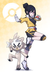 Rule 34 | 1girl, absurdres, black hair, black shirt, black shorts, blue hair, breasts, checkered background, clip studio paint (medium), commentary request, creatures (company), game freak, gen 8 pokemon, ginopi, gloria (pokemon), gloves, hair between eyes, hair bun, highres, holding, holding poke ball, jacket, knee pads, kubfu, legendary pokemon, long sleeves, looking at viewer, master dojo uniform, medium breasts, multicolored hair, nintendo, outstretched arm, parted lips, poke ball, poke ball (basic), poke ball symbol, pokemon, pokemon (creature), pokemon swsh, puffy long sleeves, puffy sleeves, red eyes, shadow, shirt, shoes, short shorts, shorts, single hair bun, socks, standing, standing on one leg, streaked hair, teeth, upper teeth only, v-shaped eyebrows, white footwear, white gloves, white legwear, yellow jacket