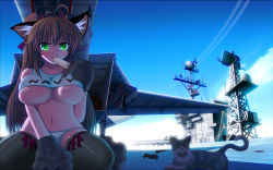 Rule 34 | 1girl, aircraft, aircraft carrier, airplane, animal ears, animal hands, antenna hair, black thighhighs, blue sky, blush stickers, breasts, brown hair, cat, cat ears, contrail, crop top, cv-67, day, f-14, fighter jet, flight deck, food, green eyes, hair ribbon, highres, huge breasts, jet, kemonomimi mode, midriff, military, military vehicle, original, panties, popsicle, ribbon, ship, sky, sweat, thighhighs, twintails, underboob, underwear, uss john f kennedy, warship, watercraft, white panties, yae nagi