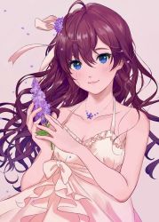 Rule 34 | 1girl, ahoge, bad id, bad twitter id, bare shoulders, blue eyes, blush, breasts, brown hair, cho (yyyt 882), cleavage, closed mouth, collarbone, dress, earrings, flower, hair between eyes, hair flower, hair ornament, hair ribbon, ichinose shiki, idolmaster, idolmaster cinderella girls, idolmaster cinderella girls starlight stage, jewelry, lavender (flower), long hair, looking at viewer, medium breasts, necklace, pink background, ribbon, simple background, smile, solo, wavy hair, white dress, white ribbon