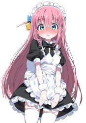 Rule 34 | 1girl, absurdres, alternate costume, apron, black bow, black dress, blue eyes, blush, bocchi the rock!, bow, dress, enmaided, frilled apron, frilled dress, frills, gotoh hitori, hair between eyes, highres, long hair, looking at viewer, maid, maid apron, maid headdress, nose blush, one side up, parted lips, pink hair, puffy short sleeves, puffy sleeves, short sleeves, simple background, solo, sweat, thighhighs, tosyeo, very long hair, wavy mouth, white apron, white background, white thighhighs, wrist cuffs