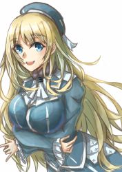 Rule 34 | 1girl, atago (kancolle), beret, blonde hair, blue hat, blush, breasts, commentary, crossed arms, green eyes, hair between eyes, hat, highres, kantai collection, large breasts, long hair, military, military uniform, simple background, skirt, smile, solo, tonke, uniform, upper body, white background