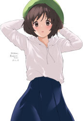Rule 34 | 1girl, akiyama yukari, amasora taichi, arms up, artist name, beret, blue skirt, blush, brown eyes, brown hair, commentary request, cowboy shot, dated, drawstring, girls und panzer, green hat, hands on headwear, hat, high-waist skirt, highres, hood, hood down, hoodie, light blush, long sleeves, looking at viewer, medium skirt, messy hair, one-hour drawing challenge, parted lips, partial commentary, shirt, short hair, signature, simple background, skirt, solo, standing, twitter username, white background, white shirt