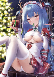 Rule 34 | 1girl, absurdres, alternate costume, ass, azur lane, black hair, blush, breast cutout, breasts, capelet, christmas, christmas present, christmas tree, clothing cutout, commentary request, dress, fake antlers, frilled dress, frills, fur-trimmed dress, fur-trimmed sleeves, fur trim, gift, hand on own chest, hands up, head tilt, highres, holding, holding gift, knees together feet apart, knees up, leg up, legs, long hair, long sleeves, looking at viewer, maid headdress, makihige, medium breasts, mouth hold, neptune (azur lane), neptune (princess of the reindeers) (azur lane), no bra, panties, red capelet, ribbon, ribbon in mouth, short dress, sitting, skindentation, smile, solo, thighhighs, thighs, two-tone dress, underboob, underboob cutout, underwear, unwrapping, upskirt, very long hair, white panties, wrist bow, yellow eyes