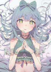 Rule 34 | 1girl, absurdres, bare shoulders, blush, bow, bracelet, breasts, brooch, choker, crop top, curly hair, earrings, floating clothes, floating hair, frilled shirt, frills, gradient background, gradient clothes, gradient hair, green eyes, green hair, green nails, hair bow, hano 1219, highres, jewelry, light particles, light smile, long hair, looking at viewer, medium breasts, multicolored hair, navel, off-shoulder shirt, off shoulder, original, own hands together, parted lips, pearl bracelet, purple choker, shirt, solo, sparkle, upper body, wrist cuffs