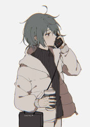 Rule 34 | 1girl, ahoge, artist name, bad id, bad pixiv id, bag, beige jacket, black bag, black sweater, blush, cellphone, chromatic aberration, closed mouth, cup, ear piercing, earrings, film grain, fingernails, green hair, grey background, holding, holding cup, holding phone, hood, hood down, hooded jacket, jacket, jewelry, lococo:p, open clothes, open jacket, original, phone, piercing, red eyes, ring, short hair, simple background, solo, sweater, talking on phone, turtleneck, turtleneck sweater