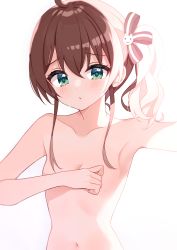 Rule 34 | absurdres, aqua eyes, armpits, black ribbon, blush, breasts, brown hair, cat hair ornament, collarbone, covering privates, covering breasts, hair between eyes, hair ornament, hair ribbon, hand on own chest, highres, hololive, looking at viewer, monon tulle, natsuiro matsuri, navel, nude, ribbon, selfie, short hair, side ponytail, solo, virtual youtuber