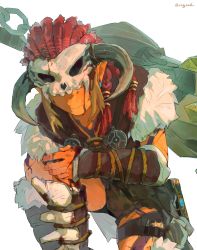 Rule 34 | 1boy, animal skull, barbarian set (zelda), blonde hair, blood, blood on face, chain, closed mouth, cuts, detached sleeves, earrings, fur, highres, horns, injury, jewelry, lingcod dayu, link, male focus, nintendo, official alternate costume, on one knee, pointy ears, sheikah slate, sidelocks, signature, simple background, skull on head, solo, the legend of zelda, the legend of zelda: breath of the wild, thigh strap, white background
