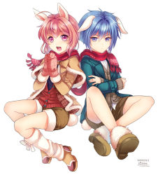 Rule 34 | 2boys, androgynous, animal ears, bad id, bad pixiv id, blue eyes, blue hair, coat, full body, male focus, mittens, multiple boys, nikke (tk2012), original, pink eyes, pink hair, rabbit ears, rabbit tail, scarf, shorts, simple background, sweater, tail, white background