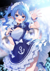 Rule 34 | 1girl, :d, anchor, anchor symbol, blue bow, blue dress, blue eyes, blue footwear, blue hair, blue nails, blue ribbon, blurry, blurry background, bow, breasts, commentary request, cosplay, depth of field, dress, frilled dress, frills, hair between eyes, hair ribbon, hands up, high heels, hololive, hoshimachi suisei, maid headdress, mauve, minato aqua, minato aqua (1st costume), minato aqua (cosplay), nail polish, open mouth, ribbon, side ponytail, sidelocks, small breasts, smile, solo, standing, standing on one leg, underwear, virtual youtuber, wrist cuffs