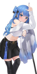 Rule 34 | 1girl, alternate costume, black skirt, black thighhighs, blouse, blue eyes, blue hair, blue nails, blue stripes, hair between eyes, hair ribbon, hololive, hoshimachi suisei, leaning forward, leaning on object, light blush, long hair, long sleeves, looking at viewer, mujinbensin, multicolored clothes, multicolored skirt, nail polish, navel, pointing, pointing up, ribbon, shirt, simple background, skirt, solo, thighhighs, two-tone skirt, virtual youtuber, white background, white shirt, zettai ryouiki