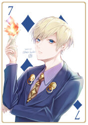 Rule 34 | 1boy, absurdres, artist name, banknote, bepo hachio, blonde hair, blue eyes, dated, fire, formal, high card, highres, long sleeves, looking at viewer, male focus, money, necktie, pinochle constantine leo, purple shirt, shirt, short hair, solo, suit, upper body, yellow necktie