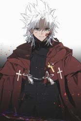Rule 34 | 1boy, amakusa shirou (fate), black background, blood, blood on face, brown eyes, cape, commentary request, cross, cross necklace, dark-skinned male, dark skin, earrings, fate/apocrypha, fate/grand order, fate (series), gradient background, highres, jewelry, laver (1090792977), light particles, long sleeves, looking at viewer, male focus, necklace, priest, red cape, short hair, smile, solo, sparkle, stole, teeth, upper body, white background, white hair, yellow eyes