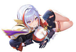 Rule 34 | 1girl, blush, breasts, cleavage, cleavage cutout, clothing cutout, detached sleeves, full body, hair between eyes, highres, honkai: star rail, honkai (series), large breasts, looking at viewer, lying, medium hair, mole, mole on thigh, multicolored hair, numby (honkai: star rail), on side, purple eyes, red hair, romi (9 romi 7), simple background, skindentation, smile, streaked hair, thigh strap, thighs, topaz (honkai: star rail), trotter (honkai: star rail), white background, white hair