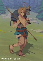 1boy 1girl abs animal artist_request bandages blonde_hair carrying day feet full_body goat grass link muscular muscular_male nintendo pointy_ears sandals staff the_legend_of_zelda the_legend_of_zelda:_twilight_princess tree