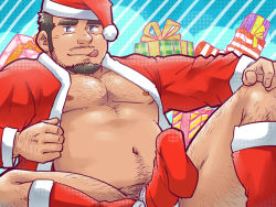 Rule 34 | 1boy, :q, anus, bara, bare pectorals, beard, belly, box, bulge, chest hair, christmas, come hither, dark-skinned male, dark skin, erection, erection under clothes, facial hair, fat, fat man, feet out of frame, gift, gift box, goatee, hat, hat on penis, kneehighs, large pectorals, leg hair, long sideburns, looking at viewer, male focus, male pubic hair, mature male, muscular, muscular male, navel, navel hair, nipples, no male underwear, original, pectorals, pubic hair, santa costume, santa hat, seductive smile, short hair, sideburns, smile, socks, solo, spread anus, stomach, suv (suv032), thick thighs, thighs, tongue, tongue out, undressing