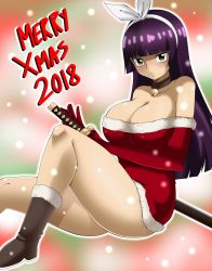 Rule 34 | 1girl, bell, blunt bangs, bow, breasts, brown eyes, choker, christmas, christmas lights, cleavage, dmayaichi, fairy tail, highres, holding, holding sword, holding weapon, kagura mikazuchi, large breasts, long hair, looking at viewer, neck bell, nipples, patreon, santa costume, simple background, solo, sword, weapon, yellow eyes