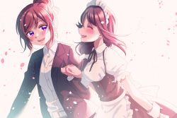 Rule 34 | 10s, 2girls, :d, ^ ^, alternate hairstyle, apron, black ribbon, blush, cherry blossoms, closed eyes, collared dress, collared shirt, commentary request, dress, formal, hair bun, hair over shoulder, hair up, hina (hinalovesugita), holding hands, in-franchise crossover, long hair, long sleeves, looking at another, love live!, love live! school idol festival, love live! school idol project, love live! sunshine!!, low-tied long hair, maid, maid headdress, multiple girls, neck ribbon, nishikino maki, office lady, open mouth, petals, red hair, ribbon, sakurauchi riko, shirt, short sleeves, single hair bun, smile, suit, underbust, waist apron, wrist cuffs, yuri